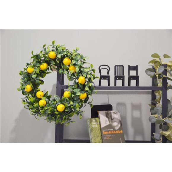 Lemon Wreath for Front Door, 15 Inch Artificial Door Wreath with Boxwood - Picture 3 of 7
